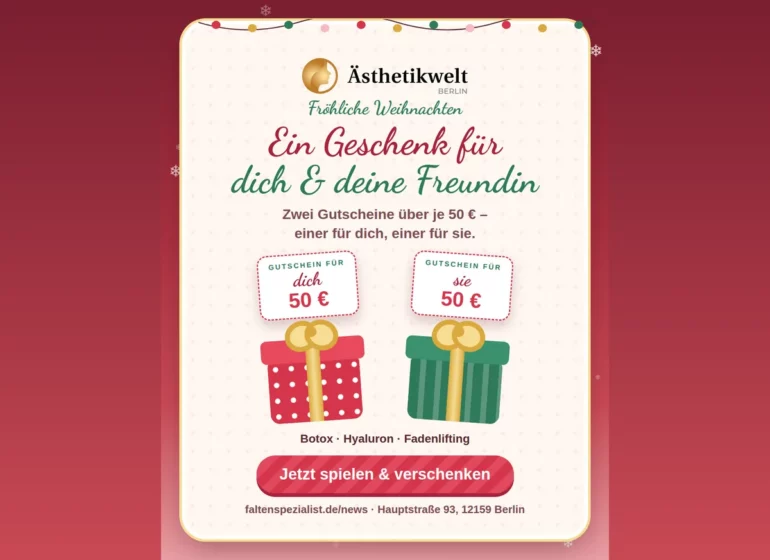 Weihnachtsgeschenk für Freundinnen: zwei Gutscheine über je 50 € in der Ästhetikwelt Berlin